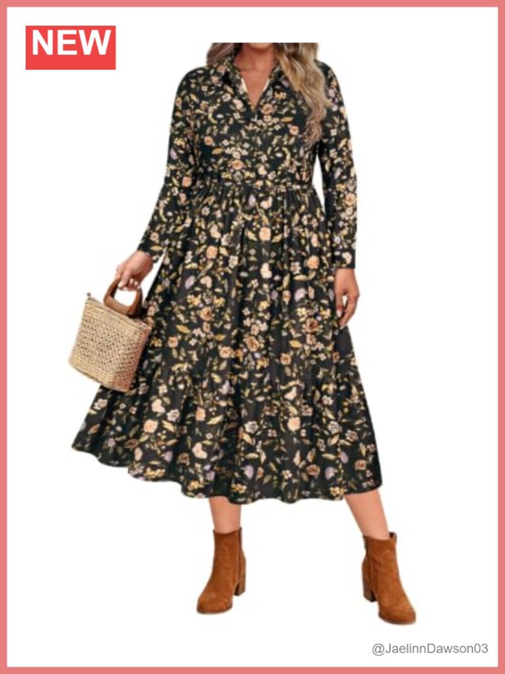 Plus Size Floral Midi Dress Long Sleeve Collared V-Neck Pockets